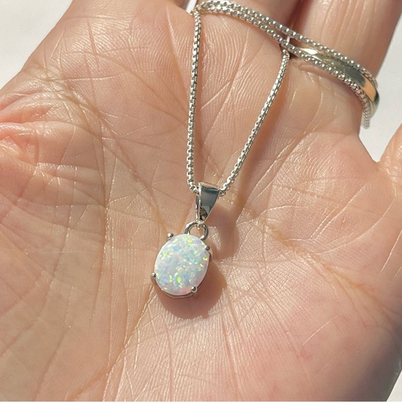 Sterling Silver Minimalist White Lab Opal Necklace October Birthstone Chains